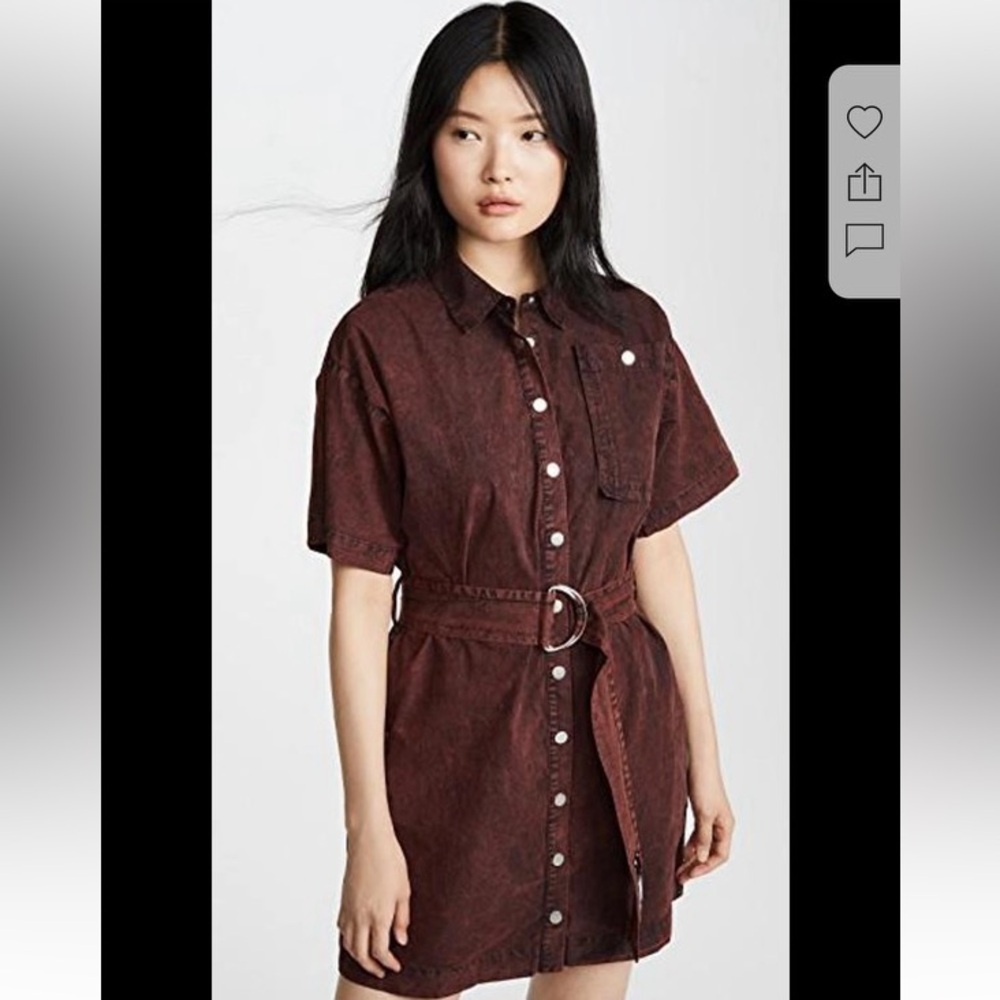 Proenza Schouler White Label Short-Sleeve Belted Snap-Front Shirt Dress in Red